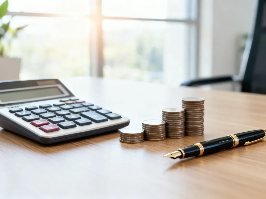 Kalkulator, monety i pióro na drewnianym biurku, symbolizujące profesjonalne obliczenia finansowe i planowanie budżetu.