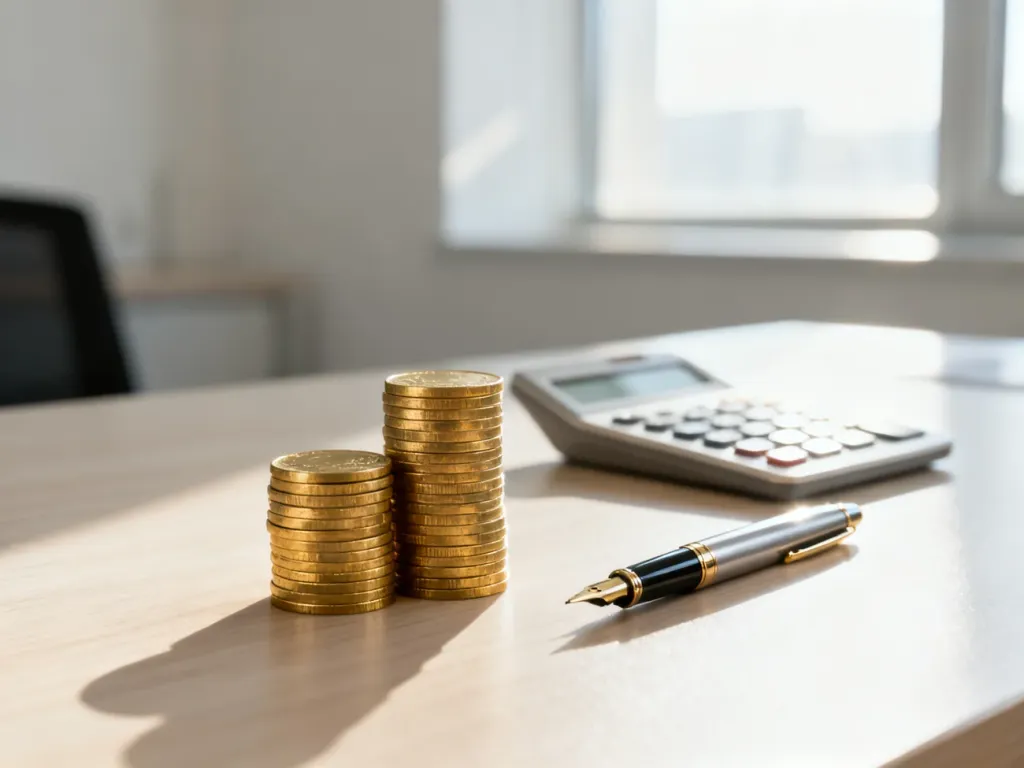 Stos pieniędzy na biurku obok kalkulatora i pióra, symbolizujący planowanie finansów i obliczanie wynagrodzenia.