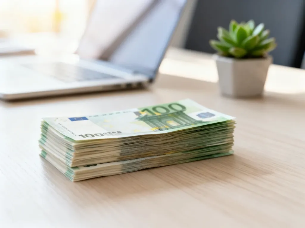 Stos banknotów na biurku w biurowym otoczeniu, symbolizujący obliczanie wynagrodzenia i finanse osobiste.