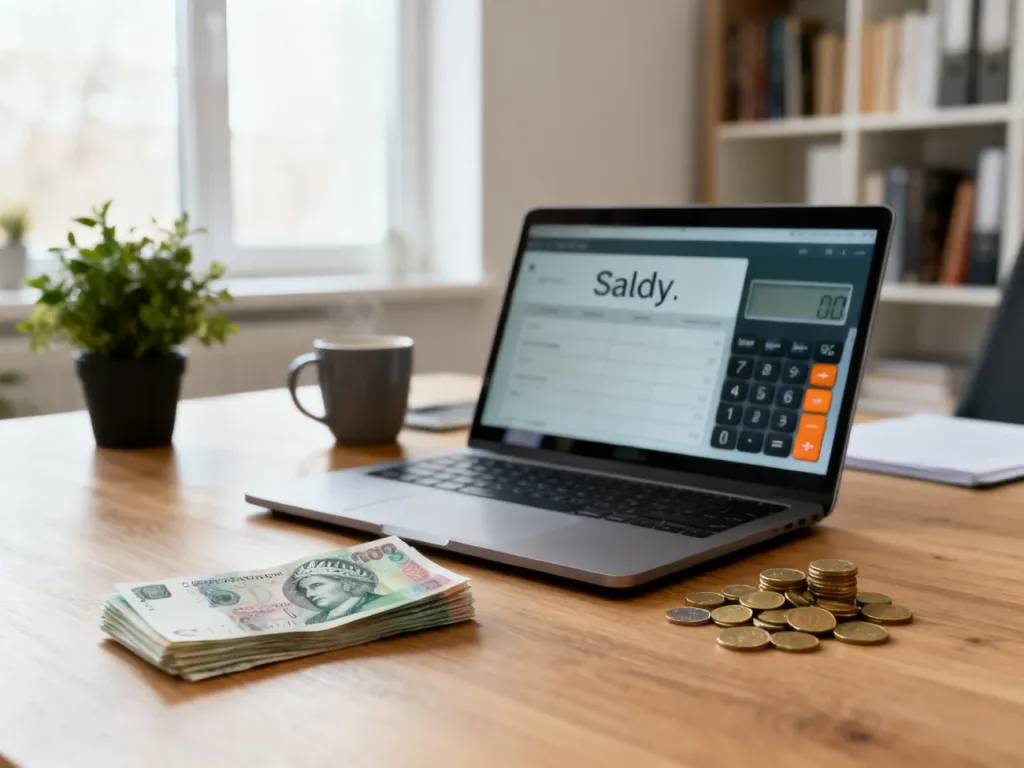 Laptop z kalkulatorem wynagrodzeń i uporządkowany stos polskich banknotów na biurku w domowym biurze.