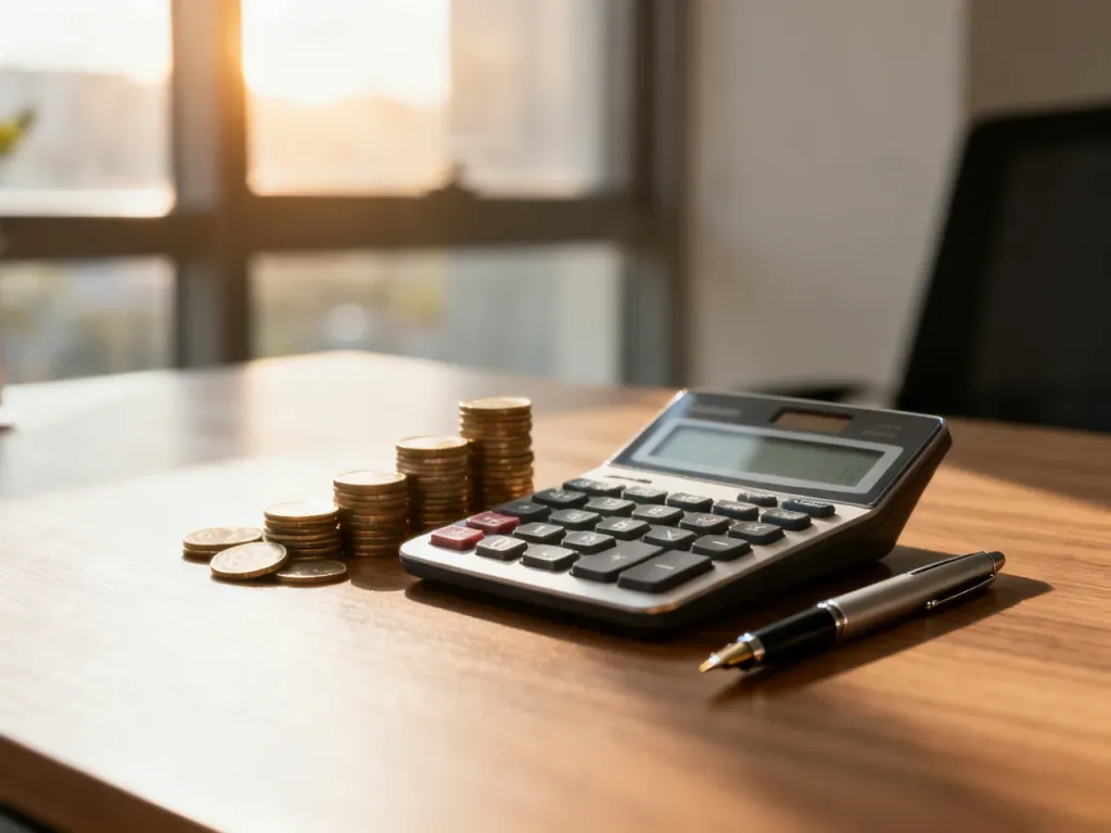 Kalkulator, monety i pióro na biurku, symbolizujące profesjonalne obliczenia finansowe i planowanie budżetu.