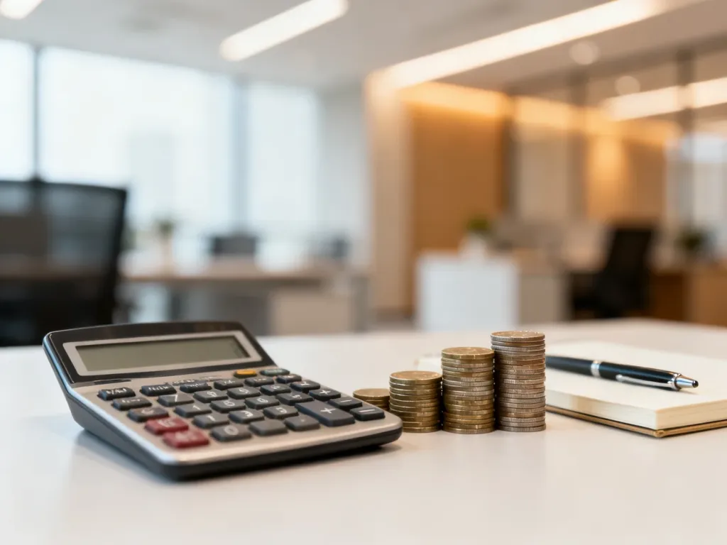 Biurko z kalkulatorem, monetami i notatnikiem, symbolizujące planowanie finansów i obliczenia wynagrodzenia.
