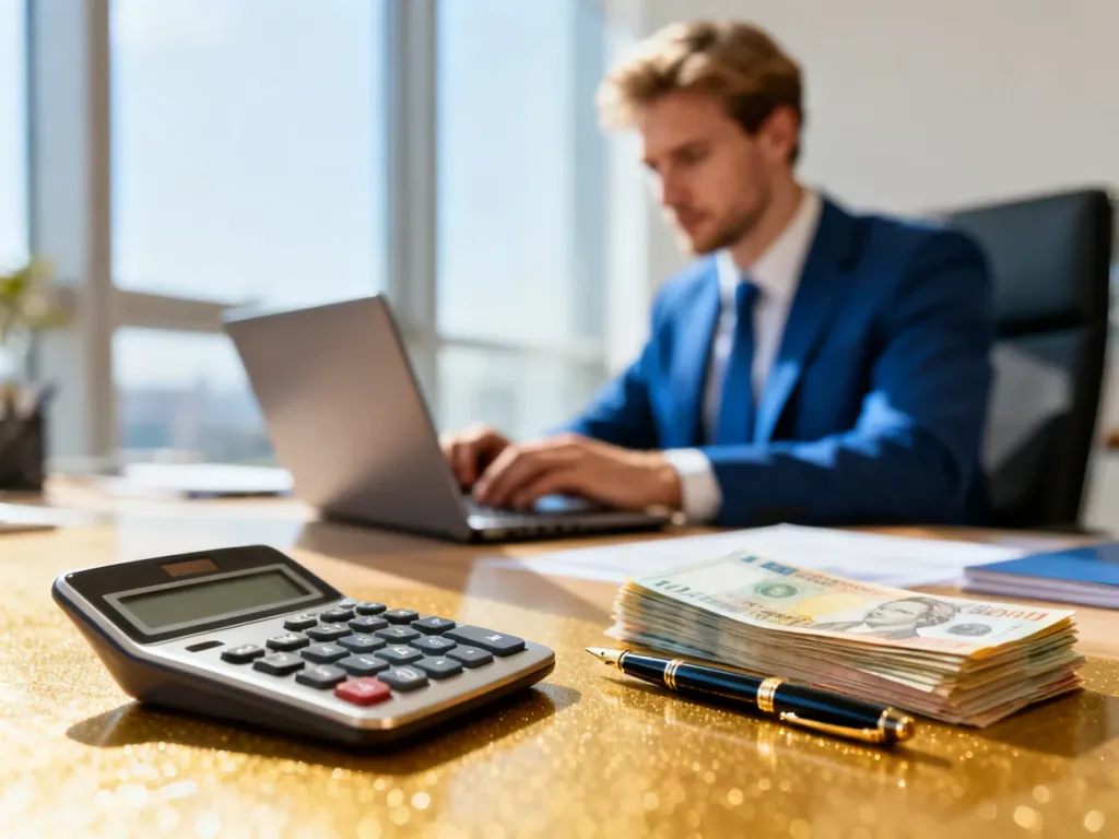 Kalkulator, pióro i gotówka na biurku, symbolizujące planowanie finansów i obliczanie wynagrodzenia w nowoczesnym biurze.