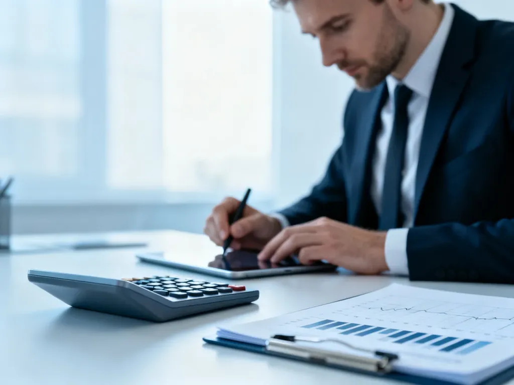 Profesjonalista przy biurku oblicza finanse na tablecie, korzystając z kalkulatora i notatek z wykresami w biurowym wnętrzu.